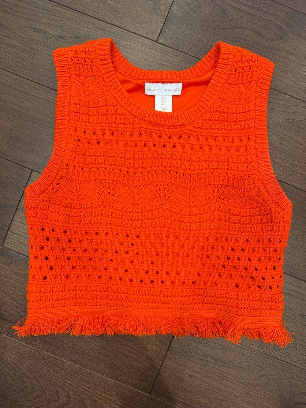 House of Harlow 1960 Bright Orange Crochet Knit Fringe Crop Top